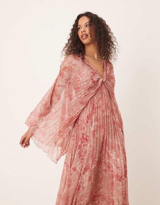 Asos Vestito lungo in chiffon a pieghe con stampa a fiorellini e dettaglio incrociato sul davanti-Multicolore