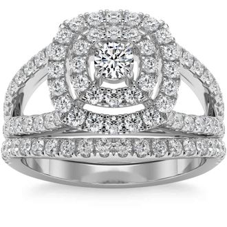 Pompeii3 1 3/4Ct Natural Diamond Cushion Halo Engagement Wedding Ring Set in 10k Gold