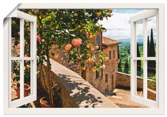 Artland Wandbild »Fensterblick Rosen auf Balkon Toskana« Garten 1 Stk. tlg. als Alubild, Outdoorbild, Leinwandbild, Poster, Wandaufkleber
