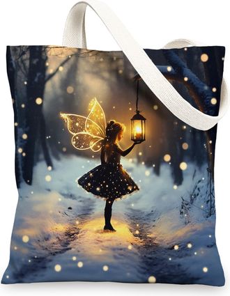 Generic Winter Christmas Fairy Canvas Tote Bag for Shopping 13x15, Fun Forest Snow Xmas Reusable Grocery Print Pattern Bag for Women Men, Holiday New Year Aes
