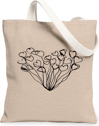 Generic Heart Floral Canvas Tote Bags, Minimalistic Flower Design Reusable Bags, Vintage Washable Shoulder Strap Canvas for Travel, Beige, 13x15 Inch