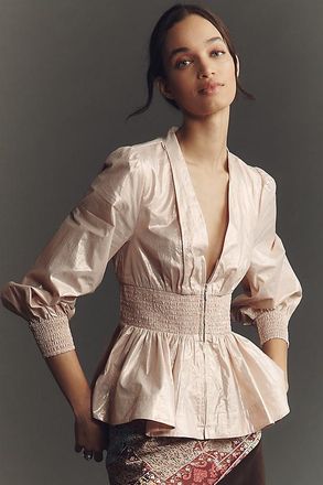 Maeve The Tommie Long-Sleeve Shine Smocked Front-Zip Blouse