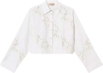Twin-Set Cropped Long-Sleeve Shirt with Floral Embroidery