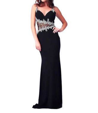 Mac Duggal Beaded Illusion Gown In Black