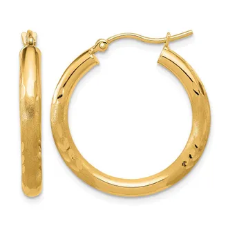 Diamond2Deal 14k Gold Satin & Diamond-cut 3x25mm Round Hoop Earrings