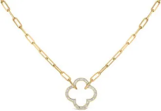 House of Brilliance Gold Vermeil 1/10 Cttw Diamond Paperclip Chain Clover Pendant Necklace in Silver at Nordstrom