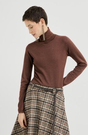 Brunello Cucinelli Sparkling cashmere and silk lightweight turtleneck sweater in Brown at Nordstrom, Size Xxx-Large