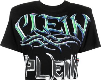 Philipp Plein logo-print padded-shoulder T-shirt - women - Cotton - S - Black