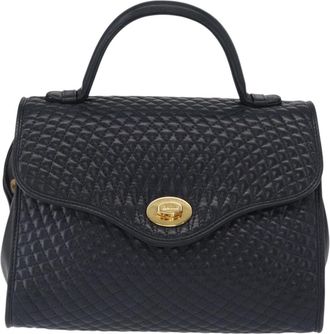 Bally Vintage Handbag Quilted Leather Navy Leather Handbag (Pre-Owned)