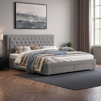 OEM Cama Litera 160x200 Cm Escandinava De Terciopelo Gris Con Somier Hidr&aacute;ulico Y 2 Cajones