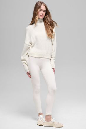 Alo | Wool Cashmere Cropped New Class Turtleneck Sweater Top in Ivory White, Size: Medium