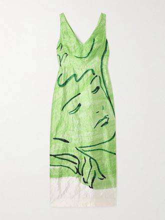 Erdem Abito Midi In Twill Satin Stampato - Verde