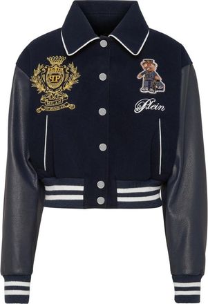 Philipp Plein Wool and Leather College Bomber Teddy - Dames - Bomber jackets - Blauw - L - Wol - Jassen