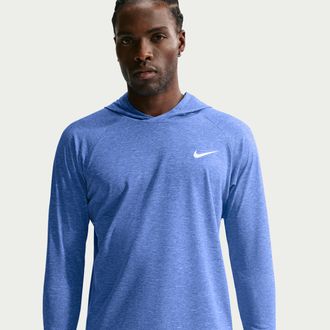 Nike Mens Swim Hydroguard Essential Dri-FIT UV Long Sleeve Hooded Top in Blue | NESSB669-494