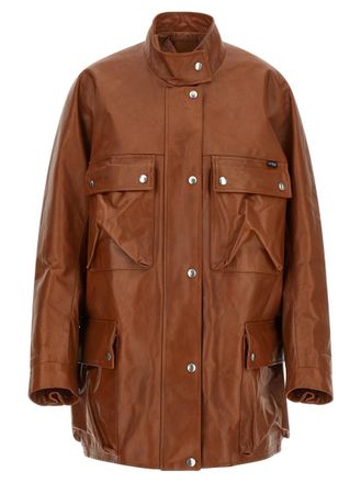 Prada Brown Solid Band Collar Jacket
