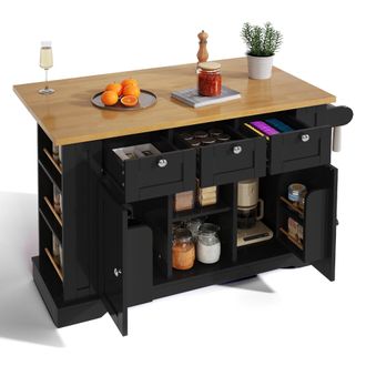 STILVORA Carro De Cocina Con 3 Cajones, 2 Puertas, Estantes Abiertos, Enchufe Y Toallero, Cocina, En Mdf, 132x40x87 Cm, Natural Y Negro