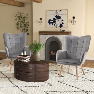 HOMCOM Modern Accent Chair Velvet-Touch Tufted Wingback Armchair Set of 2 in Grey