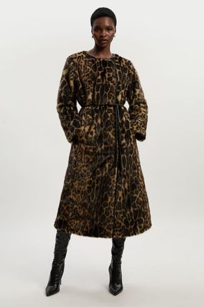 Karen Millen Faux Fur Collarless Tie Belted Midi Coat in Multi at Nordstrom, Size 10
