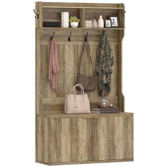 HOMCOM Homcom Perchero Zapatero, Perchero Recibidor Con 2 Puertas, Estantes Abiertos, 6 Ganchos, Para Pasillo, Dormitorio, Sal&oacute;n, 100x38x172 Cm, Roble