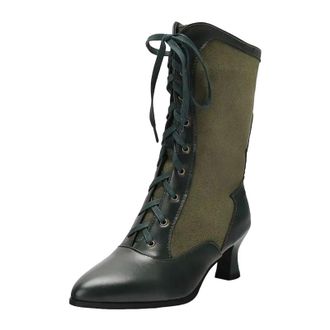 Generic Womens Retro Mid Calf Boots Round Toe High Strange Style Heel With Lace Up Front And Color Block Pattern