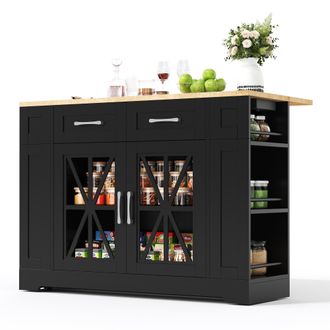 STILVORA Carrello Da Cucina Con 2 Ante In Vetro, 6 Ripiani Aperti, Tavolo Ribaltabile, Prese Ac E Usb, 120x40x92 Cm