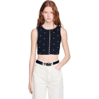 Sandro Jewelled embroidered knit crop top in Black at Nordstrom, Size X-Large