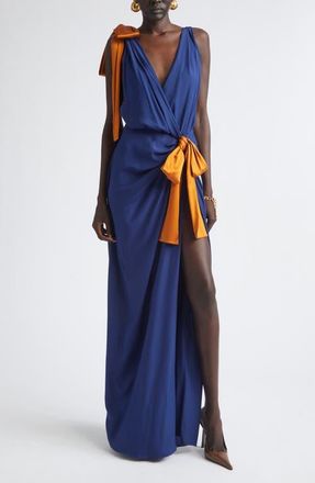 Saint Laurent Bow Detail Silk Satin Wrap Maxi Dress in Indigo at Nordstrom, Size 8 Us