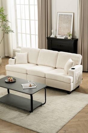 Living and Home 3-Seater Corduroy Upholstered Sofa with Throw Pillows in Beige