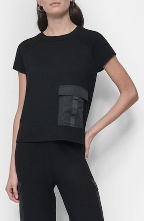 DKNY Satin Pocket Short Sleeve Sweater in Black at Nordstrom, Size Xx-Small