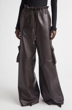 LaQuan Smith Utility Wide Leg Leather Pants in Chocolate at Nordstrom, Size Medium