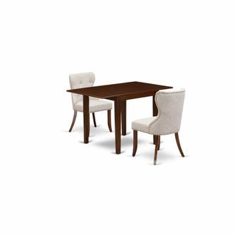East West Furniture East-West Furniture NDSI3-MAH-35 - A dining room table set of two amazing kitchen chairs with Linen Fabric Doeskin color and a stunning drop leaf rect