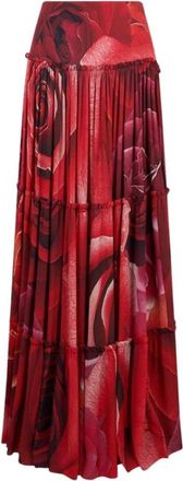 Roberto Cavalli Geplooide rok met tuinrozenprint - Dames - Maxi Rokken - Rood - S - Rokken