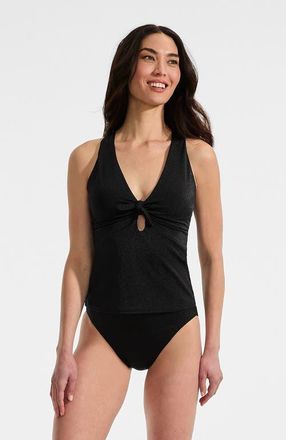 Lands End Shine Ribbed Tankini Top and High Waisted Bottom Swimsuit Set in Black Ottoman at Nordstrom, Size X-Small