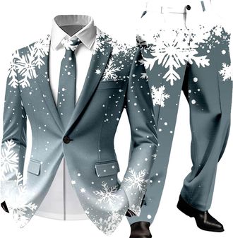 Generic Mens Suits Christmas Cute Cartoon Reindeer Snowflake Color Blovk Printed Coats and Trousers 2 Piece Sets Slim Fit Classic Xmas Holiday Jackets Novelty