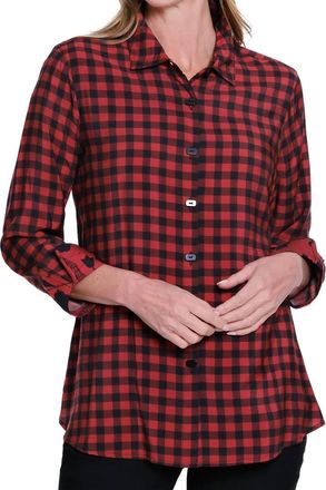 Multiples Turn-Up Cuff 3/4 Sleeve Button Front Woven Shirt In Red Multi