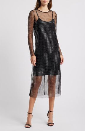 Halogen Crystal Detail Long Sleeve Mesh Overlay Midi Dress in Rich Black at Nordstrom Rack, Size X-Large