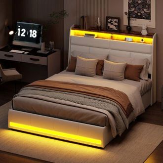 OEM Estructura De Cama Con Arc&oacute;n 140x200 Cm Blanco - Somier De Lamas, Almacenamiento Hidr&aacute;ulico, Led, 300 Kg