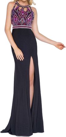 Mac Duggal Aztec Beaded Prom Dress In Black Multi