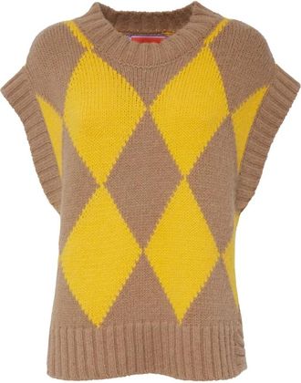 La DoubleJ Argyle Gilet - Dames - Tops zonder mouwen - Geel - XS - Wol - Tops