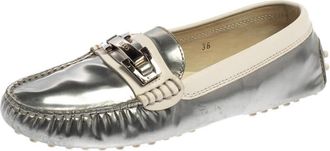 Tod's Tods Silver/white Patent And Leather Logo Buckle Loafers