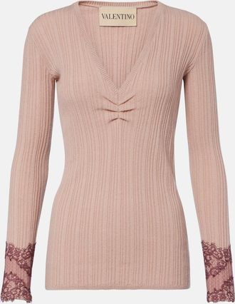 Valentino Gathered lace-trimmed cashmere sweater