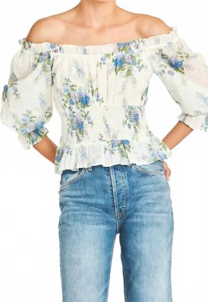 LoveShackFancy Fifi Shoulder Top In Periwinkle Aqua Blue White Floral