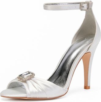 Generic Wedding Shoes Womens Open Toe Stiletto Sandals Ankle Strap Prom Dress Summer Satin Bridal High Heels 10.5 Cm,Ivory,4 UK