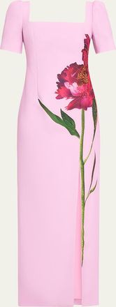 Teri Jon Beaded Floral-Print Crepe Column Gown