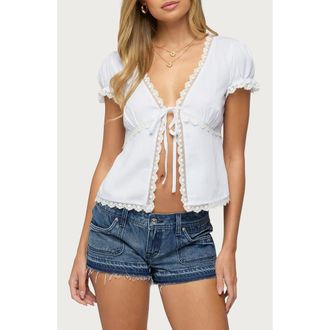 Edikted Eman Lacey Tie Front Top in Cream at Nordstrom, Size X-Small