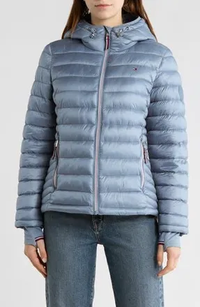 Tommy Hilfiger Zip Hooded Packable Puffer Jacket in Brisk Blue at Nordstrom Rack, Size X-Large