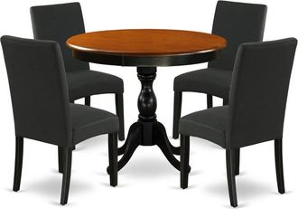 East West Furniture 5-Piece Round Dining Set Includes a Wooden Dinner Table and 4 Black Linen Fabric Parson Dining Chairs with High Back - Black Finish