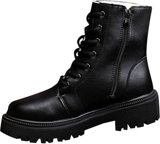 Generic Ankle Boots for Women Waterproof Ladies Black Chunky Mid Calf Walking Boots Work Lace Up Side Zipper Womens Black Platform Leather Comfortable Walking