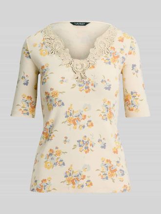 Lauren Ralph Lauren Slim Fit T-Shirt aus Baumwoll-Mix mit Spitzenbesatz in Sand, Gr&ouml;&szlig;e XXL