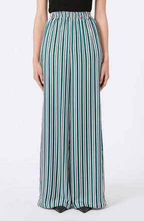Max Mara Ladino Stripe Belted Wide Leg Silk Pants in Dark Green at Nordstrom, Size 14